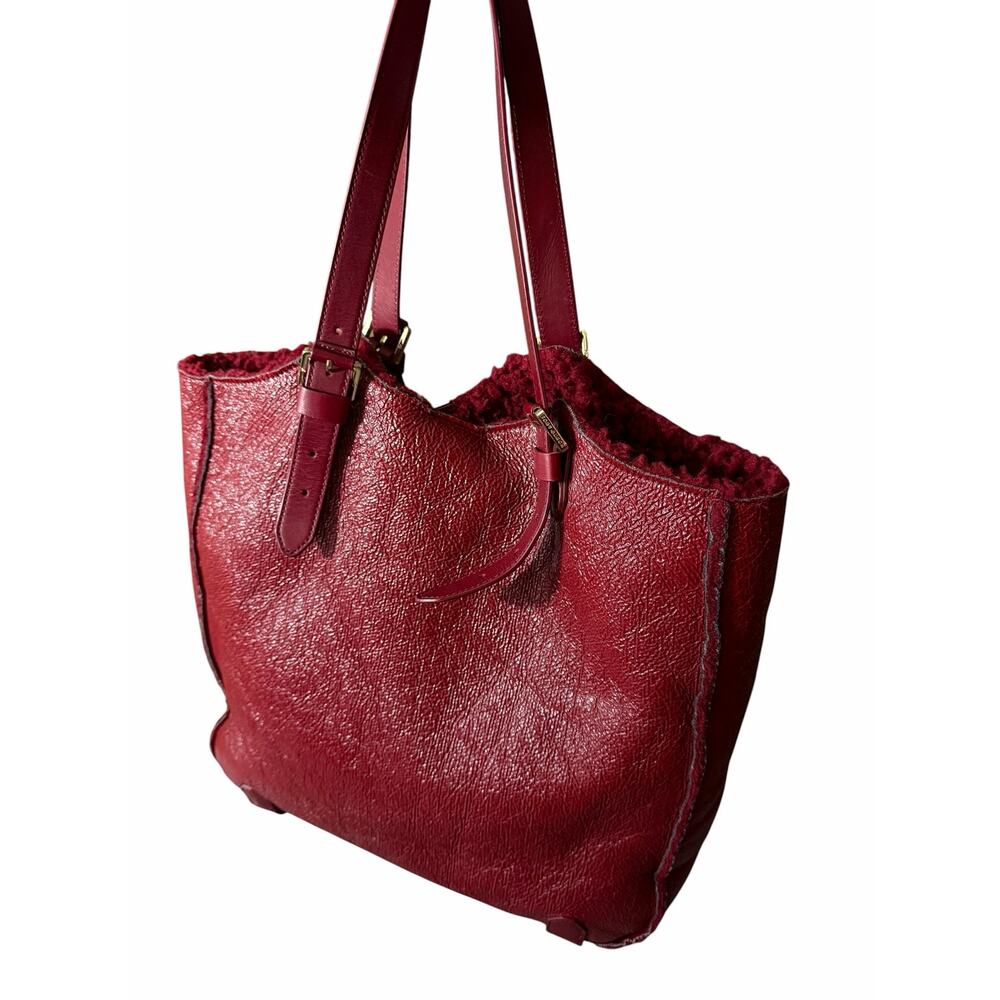 Tory Burch Channing Shearling Patent Leather Tote Red Burgundy Big Shoulder Bag - Picture 3 of 9